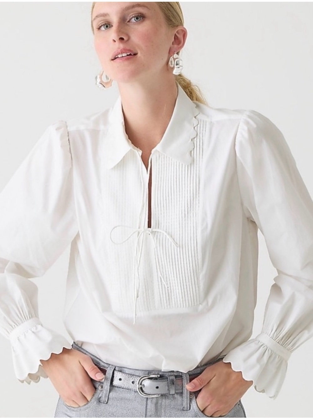 J. Crew White Scalloped Cotton Poplin Tie-Neck Blouse